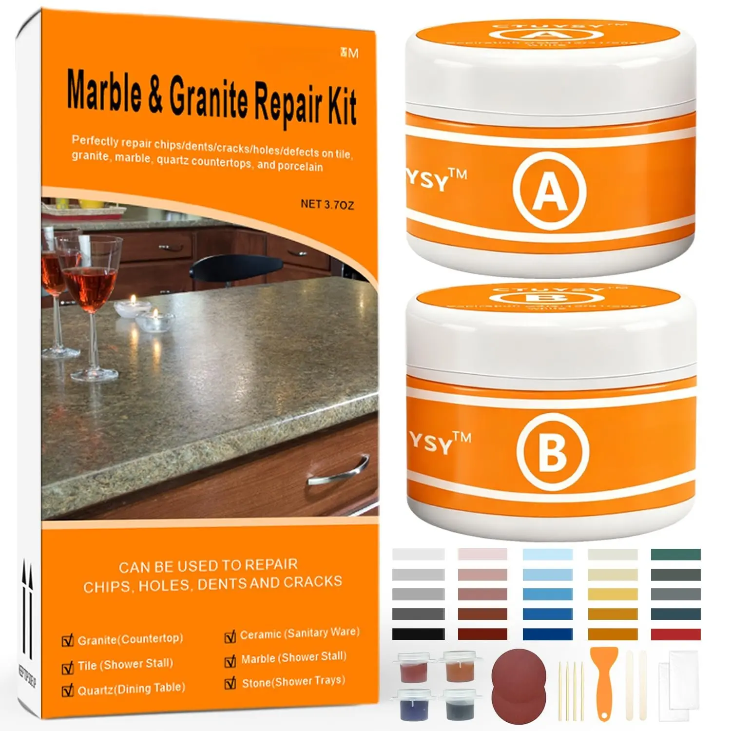 Granite and Quartz Countertop Chip Filler Repair Kit Tile & Fiberglass Porcelain Repair Kit,Marble Tub Repair Kit 3.7 OZ Cracks Ceramic Corian Bathtub Sink Toilet  Holes Scratchs