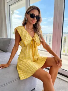 Vibrant Yellow Gingham Tie-Front Mini Dress | Beach Vacation Short Dress Relaxed Yellow Gingham Beach Dress | Swimsuit Cover-Up Mini Dress French Retro Yellow Gingham Dress | Vintage Tie-Front Vacation Mini Dress