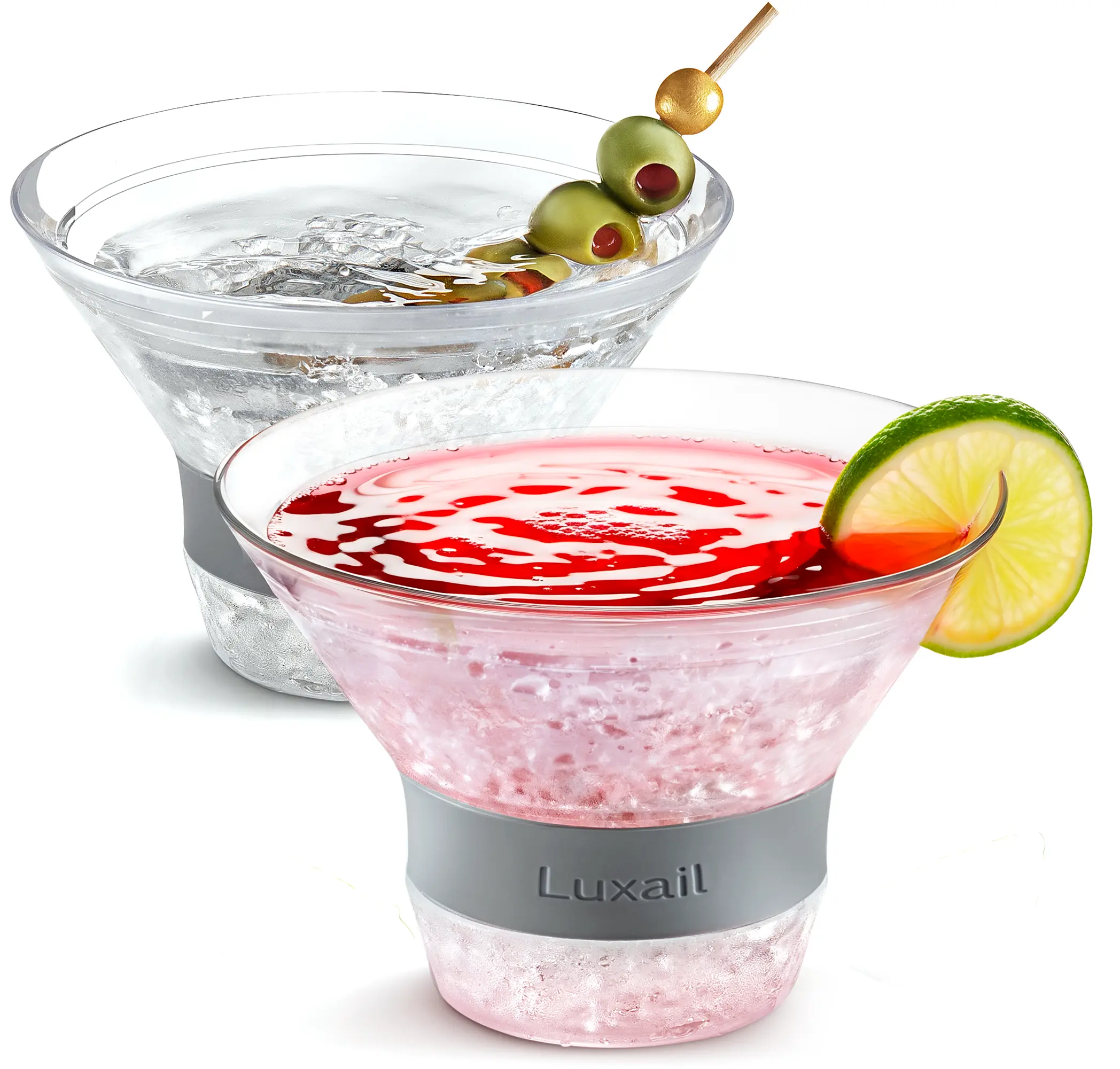 Martini Glasses, Plastic Reusable Insulated Freeze Martini Cooling Cups, Gel Chiller, Double Wall Stemless Martini Glasses Set of 2, 9 Oz Capacity, Martini Gifts, 2 Reusable Cocktail Straws