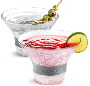 Martini Glasses, Plastic Reusable Insulated Freeze Martini Cooling Cups, Gel Chiller, Double Wall Stemless Martini Glasses Set of 2, 9 Oz Capacity, Martini Gifts, 2 Reusable Cocktail Straws