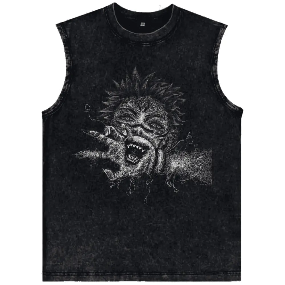 Vintage Washed Anime Cursed Demon Muscle Tank Top | Men's Streetwear Scribble Claw Sleeveless Tee | Y2K Grunge Harajuku Gothic Vest | Retro Casual Edgy Oversized Summer Gym Shirt