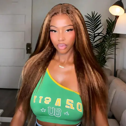 BGMgirl Brown Highlight Kinky Straight 7x5 Glueless Human Hair Wig, Pre-Plucked Pre-Cut Lace Closure, Colored Wigs Human Hair, Fall Pick #sohochic #TikTokShopFallDealsForYou