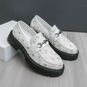 Men's Slip-On Loafers with Decorative Buckle - Upper & Rubber Sole,  for Nightclub, Office or Casual Attire Thick-Soled Men's Shoes • Luxurious Business Casual Loafers • Gentleman's Casual Shoes • Stylish Casual Oxfords • Party Oxfords • White Formal Shoe