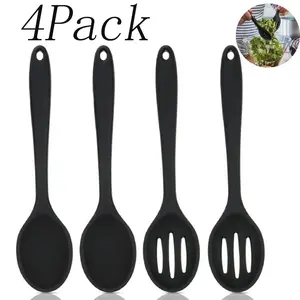 4 Pack Black Silicone Cooking Spoon, Slotted and Solid Serving Spoon Heat Resistant,10.6inch Cooking Nonstick Kitchen Spoons Set,kitchen accessories,for Kitchen Cooking Baking Stirring