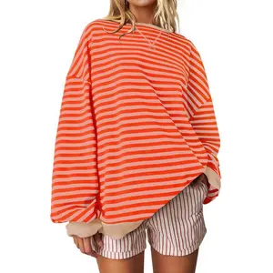 Women's Striped Sweatshirt Casual Loose Top Fall Winter Outfit Cute Style Cotton Pullover Vintage Shirt