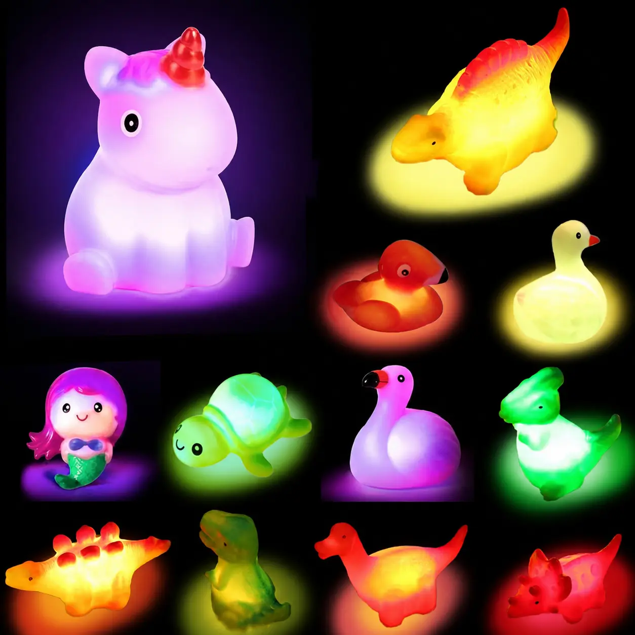 Light up Bath Toys for Kids 3-8, Unicorn Bath Toys Light Up Floating Rubber Toys, Flashing Color Changing Light in Water, 5PCS Dinosaur Light-Up Bath Toy Cute