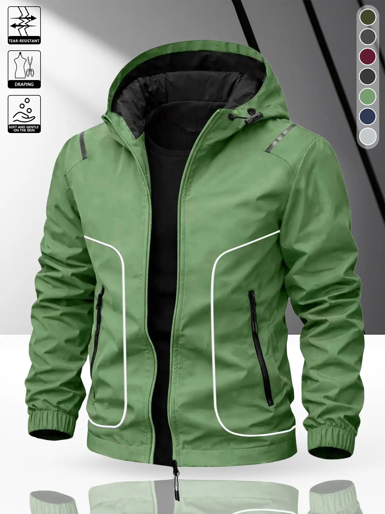 Men’s outdoor functional hooded jacket, Y2K high-street reflective tape workwear jacket with side zipper pockets, premium outdoor apparel suitable for everyday casual wear.