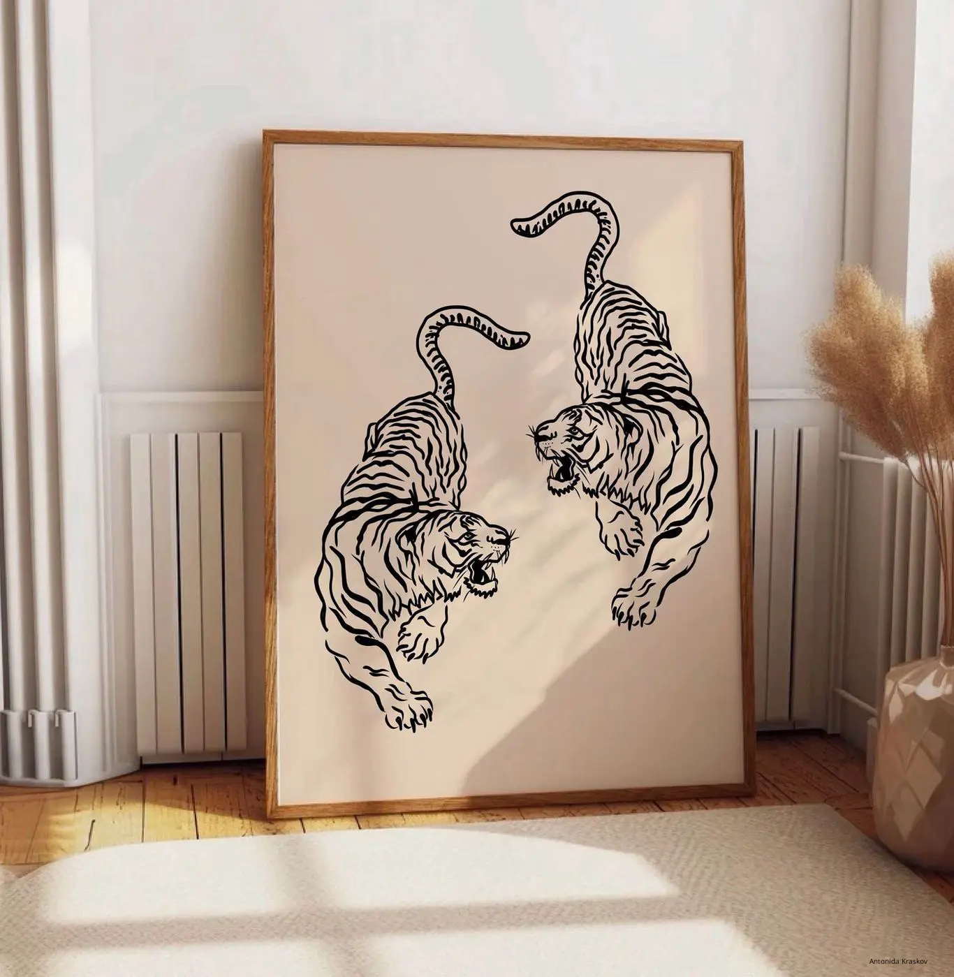 Tiger Minimalist Art Print, Japanese Wall Art Poster, Wild Animal Print, Tiger Sketch, Digital Download, Neutral Vintage Wall Art Poster No Frame
