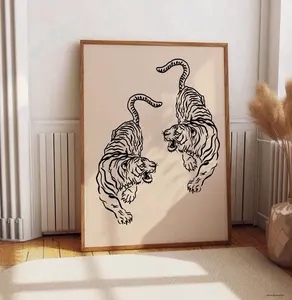 Tiger Minimalist Art Print, Japanese Wall Art Poster, Wild Animal Print, Tiger Sketch, Digital Download, Neutral Vintage Wall Art Poster No Frame