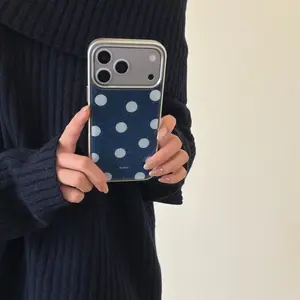 [LEO] Retro denim pattern polka dot electroplating silver edge suitable for Apple iPhone17promax mobile phone case 16pro Xiaomi 14Pro protective case Huawei mate60P70 anti-drop Samsung S23 soft case Cover