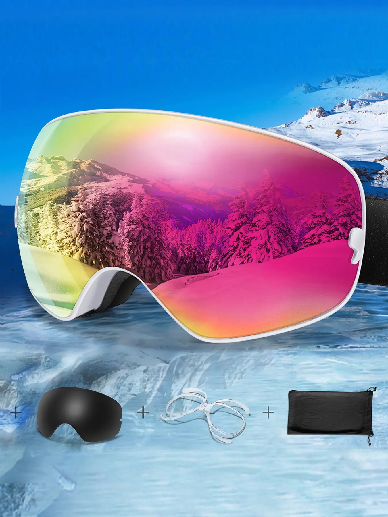 Fashion Ski Sunglasses + Replacement Lenses, OTG Snowboard Goggles, Anti-Fog Uv400 Protection, Unisex Sporty Style, Fall & Winter Use