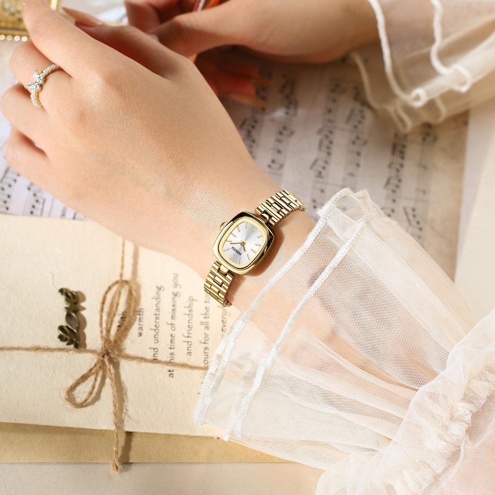 NIBOSI Vintage Bracelet Watches for Women Roman Dial Rectangular Case Gold Watch Waterproof with Tools