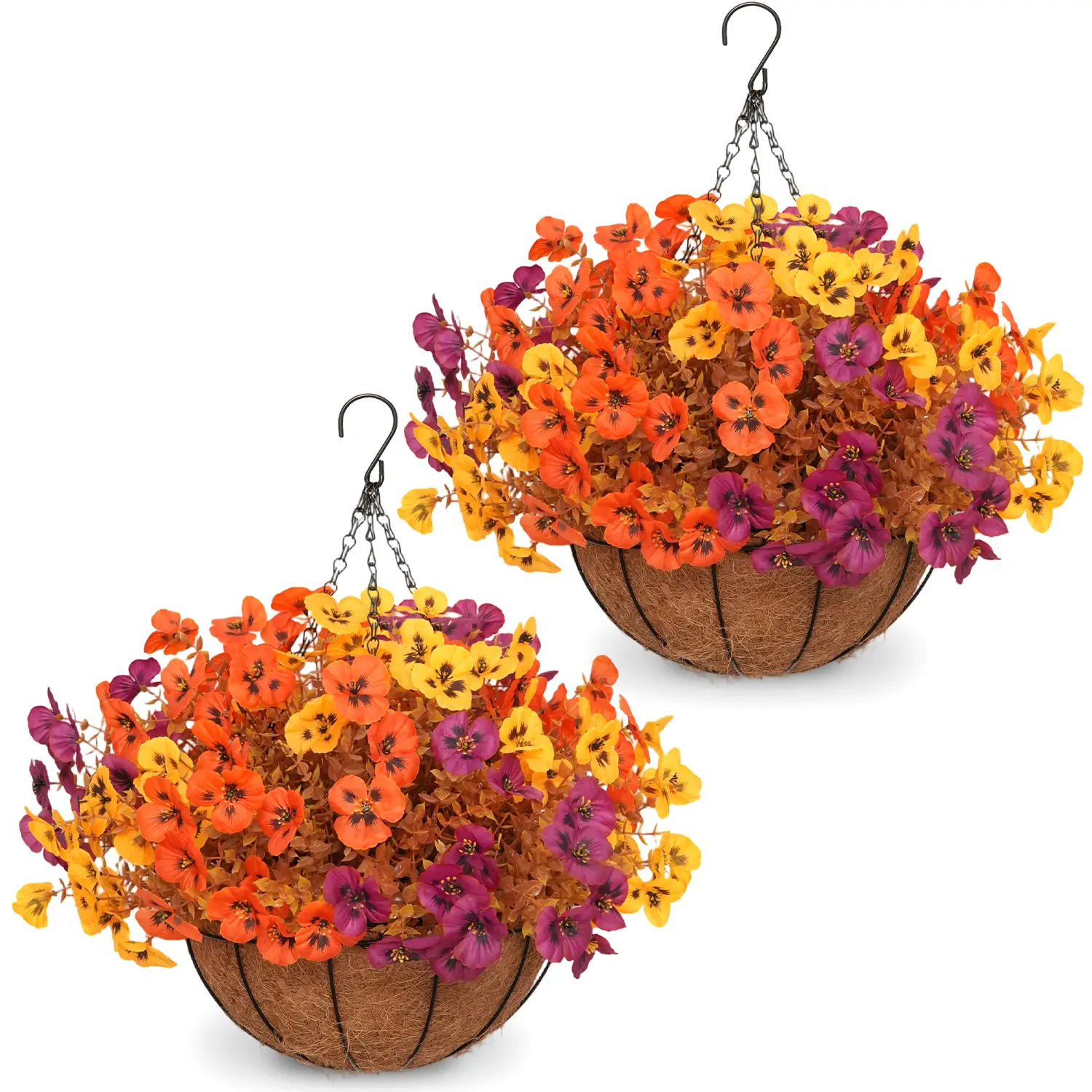 2 Pcs Autumn Pansy Artificial Hanging Flower Baskets - Includes 2 Hanging Pots, 24 Flowers - Aesthetic Home Decor, Outdoor Decor for Front Porch, Garden, Patio