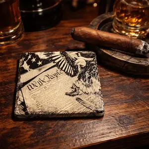 " We the People" Engraved Acrylic Painted Slate Coffee Coaster Set (4 pcs), Kitchen Tableware Accessory