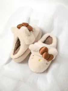 Women's Cartoon Bow Winter Indoor Slippers, Fuzzy Warm Slippers, Warm Comfortable Durable Textile Shoes, Fall & Winter Bedroom Footwear