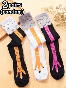 Unisex Knee-High Socks with Cartoon Chicken Claw Pattern, Casual Fitted Design, Random Colors, All Seasons Wear, Couple Style