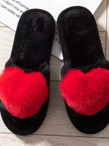 Women's Cute Heart Design Plush House Fluffy Slippers, Soft Comfy Fuzzy Slippers, Warm Slippers for Indoor & Outdoor Use for Fall & Winter