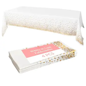 4-Pack White and Gold Disposable Tablecloths – 54x108 Inch Plastic Table Covers with Gold Dots for Weddings, Baptisms, Engagements, and Party Decorations