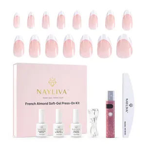 NAYLIVA 6-in-1 French Almond Soft Gel Press-On Nail Kit, 150 Tips / 15 Sizes, Handheld UV LED Lamp, Base Gel, Nail Glue, No-Wipe Top Coat & Nail File