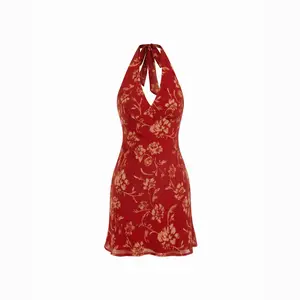 Cider Chiffon Floral Halter Neckline Backless Mermaid Mini Dress