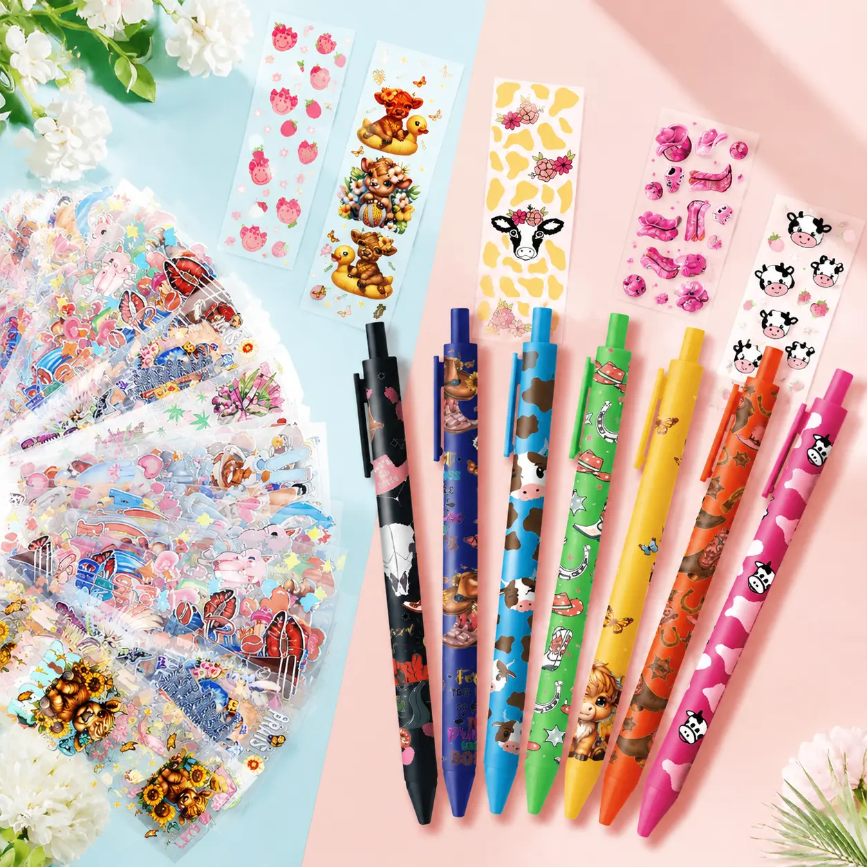 UV DTF Pen Wraps & Blank Pens Set (96/48pcs) - Western Theme Glossy Irregular Cut Stickers Kit with Crystal Accents Embellishment for Decoration, DIY Gifts & Office Stationery, Pen Decoration