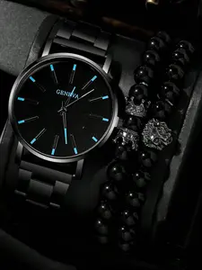 Men's Business Fashion Round Dial Analog Quartz Watch, with Crown Bead Bracelet Set, Fashion Watch for Party, Daily Decor, Trendy All-match & Exquisite Watch for Gift, Modern Fashionable Wristwatch