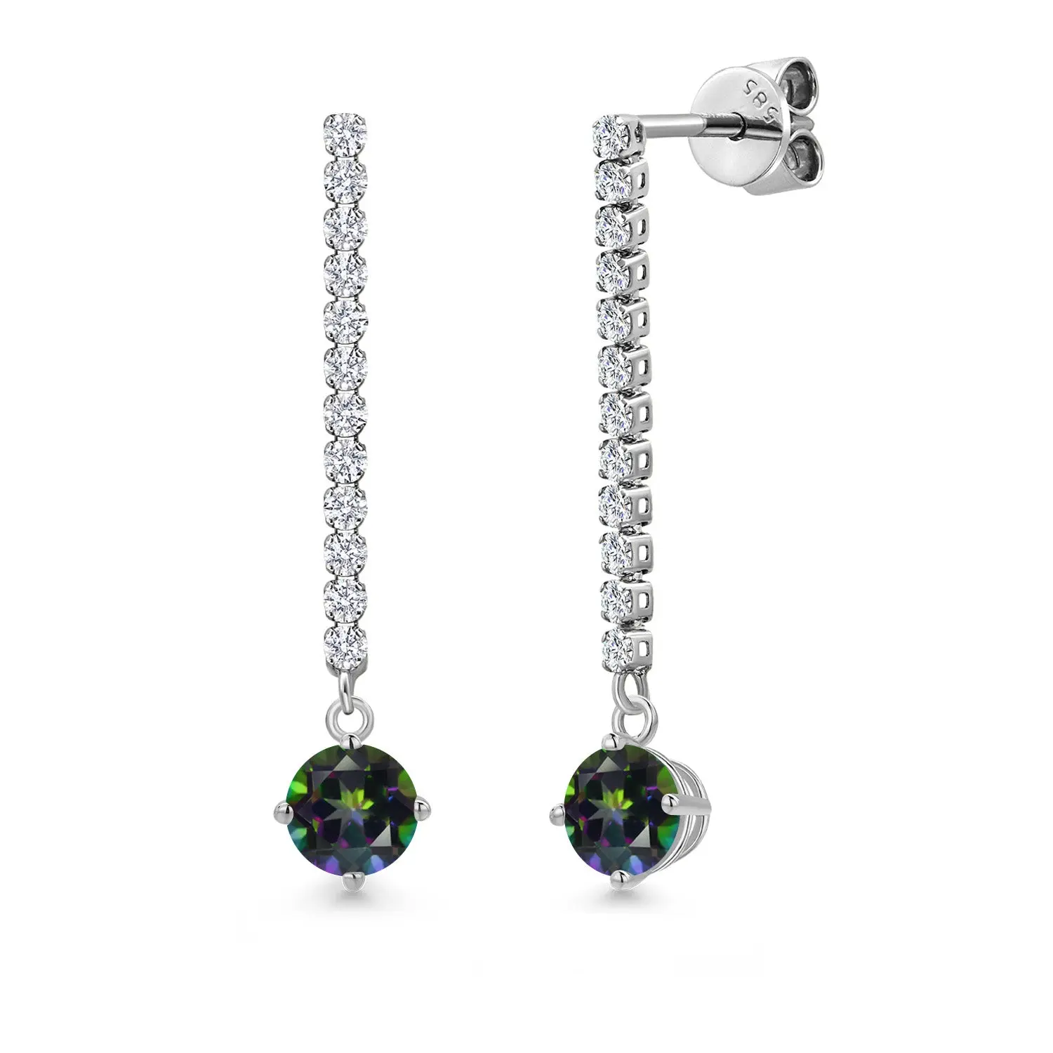 14K White Gold Green Mystic Topaz and White Lab Grown Diamond Long Liner Dangle Earrings for Women | 1.46 Cttw | Gemstone November Birthstone | Round 5MM | White Gold Chain Drop Earrings