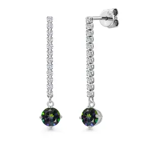 14K White Gold Green Mystic Topaz and White Lab Grown Diamond Long Liner Dangle Earrings for Women | 1.46 Cttw | Gemstone November Birthstone | Round 5MM | White Gold Chain Drop Earrings
