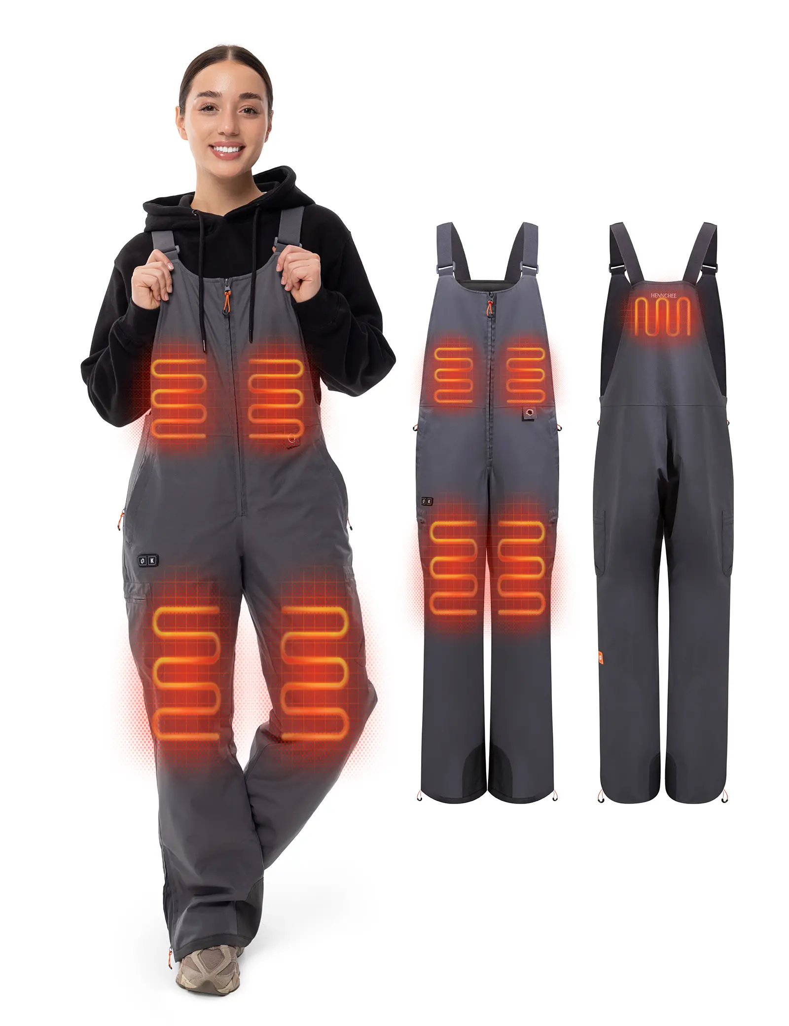HENNCHEE Heated Bib Overalls for Women 16000mAh Battery 5 Heating Zones Full-Body Thermal Pants with LED Display & Adjustable Fit for Winter Outdoor Use, Heatingzones