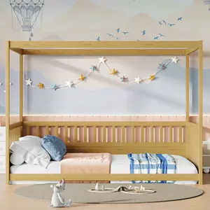 Dreamzon Full Size Canopy Bed Frame with Guardrails for Kids,Floor Bed Full with Four Poster Design,Kids Montessori Floor Bed,Wood Canopy Bed Frame for Girls,Boys(Full,Natural)
