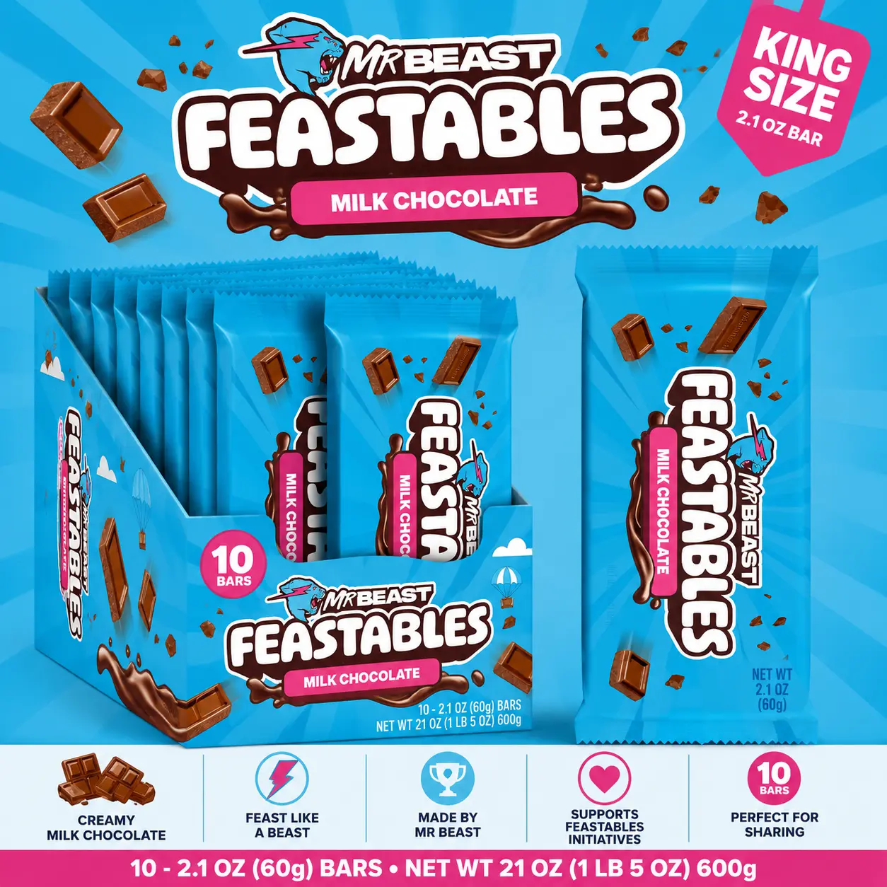 Feastables MrBeast Milk Chocolate Bars King Size 2.1 oz 10 Count Chocolate Candy Bars