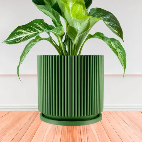 Mid-Century Ribbed Planter with Drainage and Drip Tray, Multiple Sizes and Colors