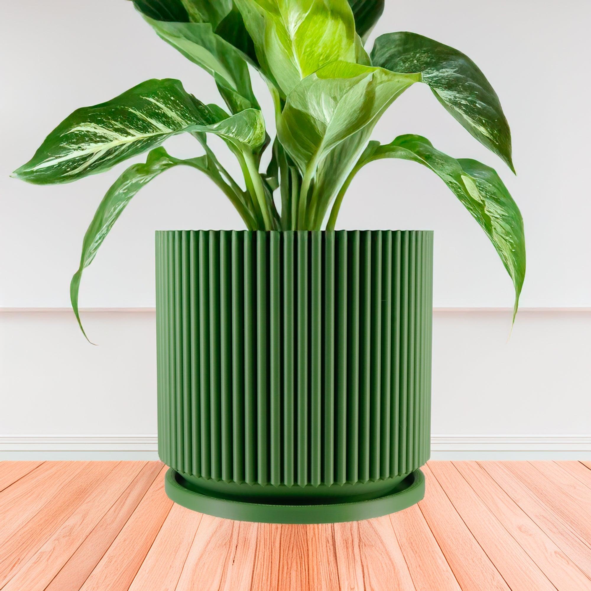 Mid-Century Ribbed Planter with Drainage and Drip Tray, Multiple Sizes and Colors