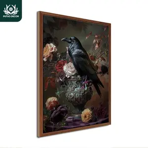 Crow & Flower Pattern Wooden Hanging Painting without Frame, Halloween & Christmas Wood Poster, Wall Art Creative Modern Decoration for Home Farmhouse Living Room Office Studio Cafe Coffee Shop Bar, Ornaments