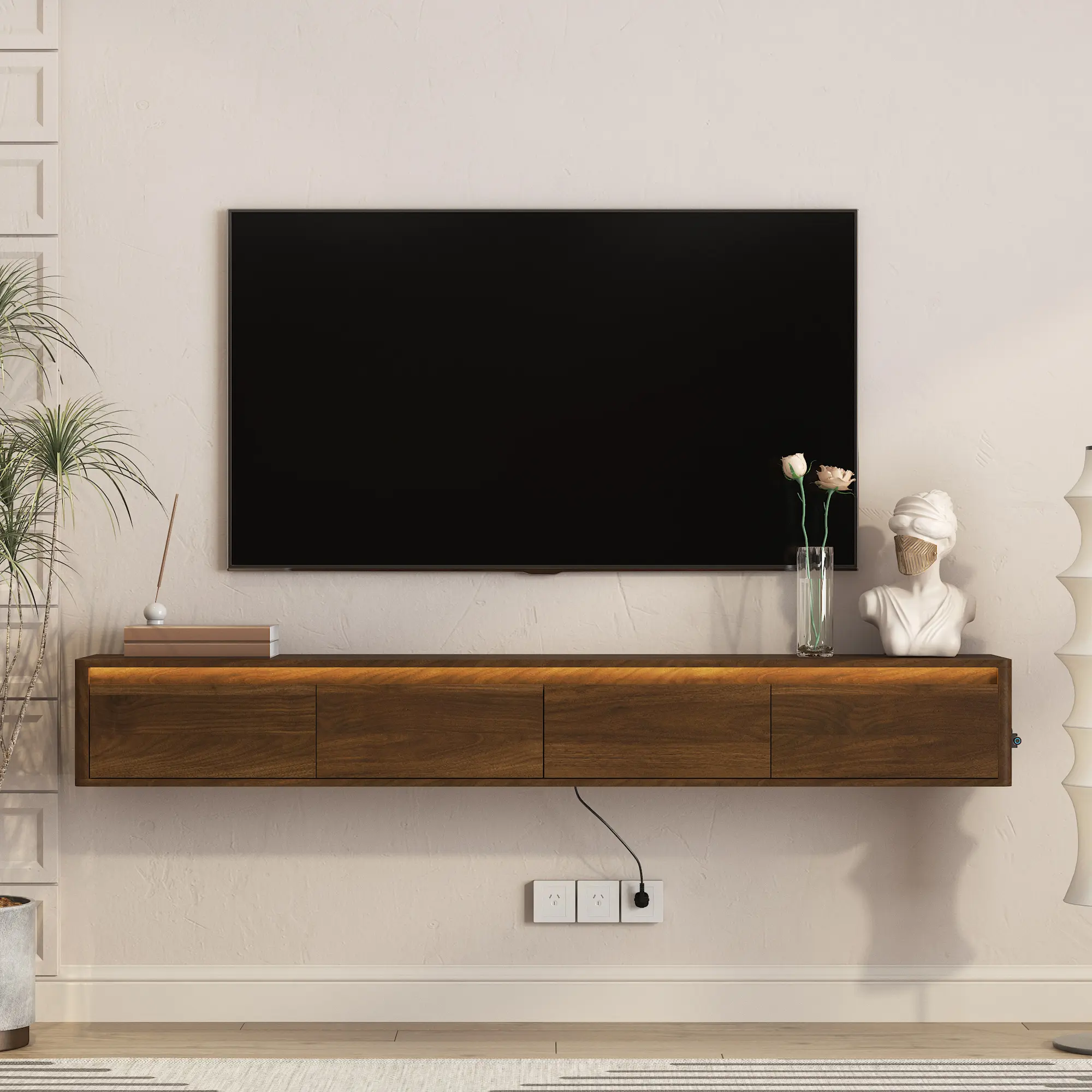 Spaco 72.8" High Gloss Floating TV Stand - Wall-Mounted Entertainment Center with LED Lights, Power Outlet, for 75-85" TVs, Modern Living Room Media Console, Entertainment Tv Stand