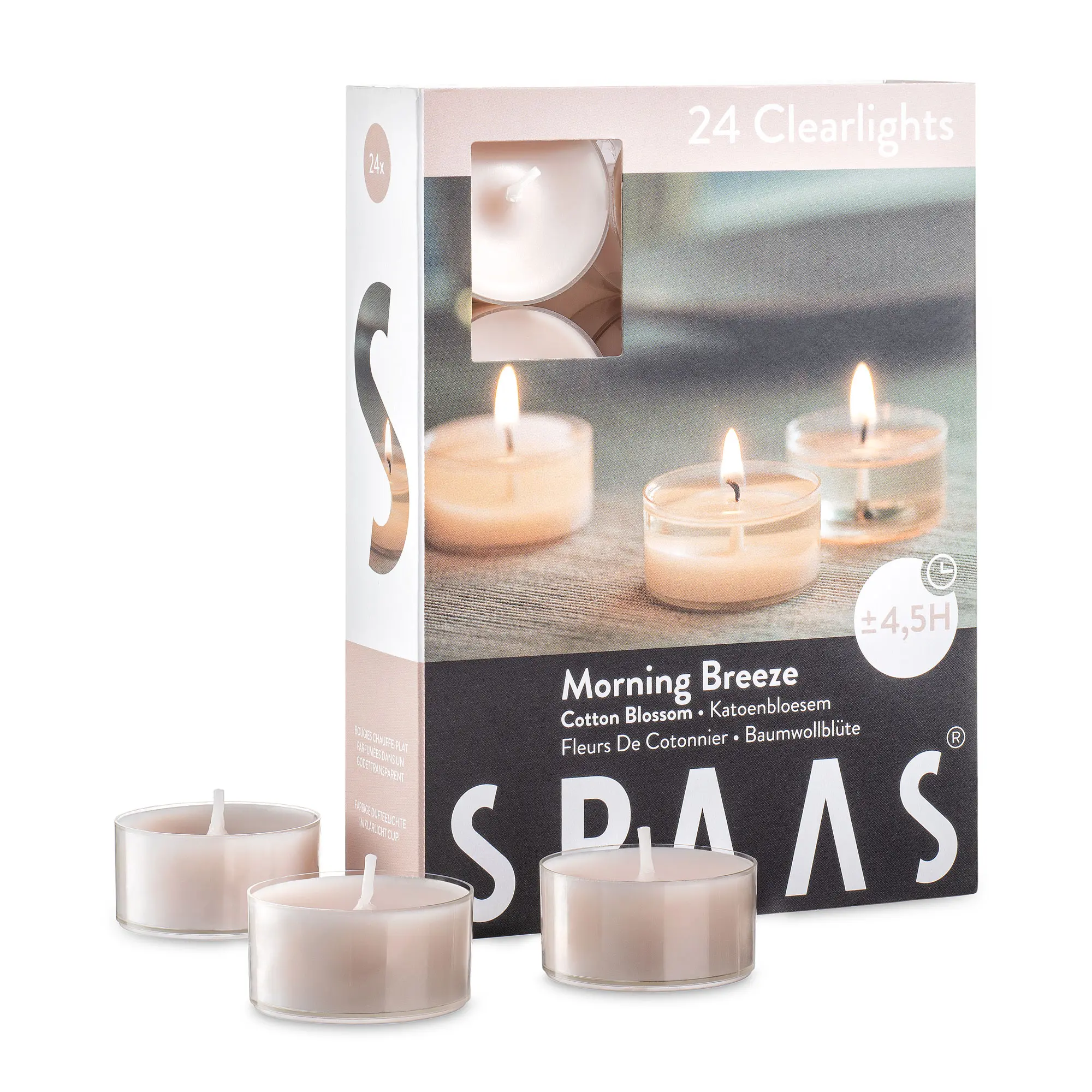 Scented Tea Light Candles in Clear Cups - Cotton Blossom Aroma - Premium Tealight Candles for Spa, Dinner, Home Decoration, and Holiday - Pack of 24