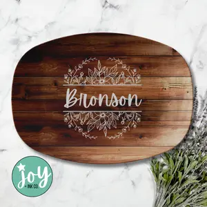 Wood Plank Custom Monogram Platter with Elegant Floral Design Box Decor