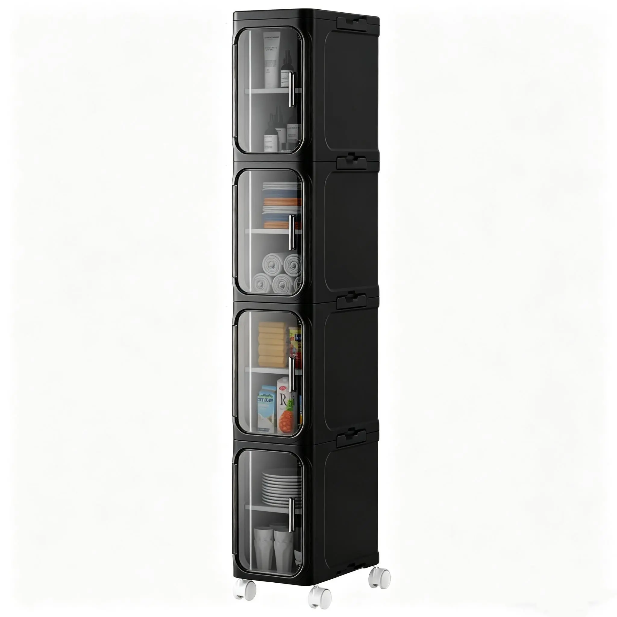 Modern Vertical Cabinet, 4-Tier Slim Rolling Organizer for Small Spaces, White/Black Floor Storage Furniture with Adjustable Shelves, Floor Storage Cabinet, Furniture Organization, Indoor Storage Furniture