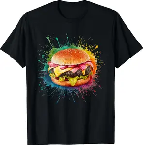 100% Cotton Unisex Hamburger Men Woman Colorful Watercolor Cheeseburger T-Shirt