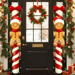 Christmas Door Decorations, 2D Flat Gingerbread & Cane Gate Curtain Banner, 11.8x70.86in, Indoor Wall Art, Yard Decoration, Home Outdoor Use