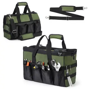 18" Tool Bag Organizer for Men, Heavy Duty Portable Tool Tote Bag with Adjustable Shoulder Strap, Durable Soft Handle, Gift for Dad, Mechanic, Electrician, Black and Green