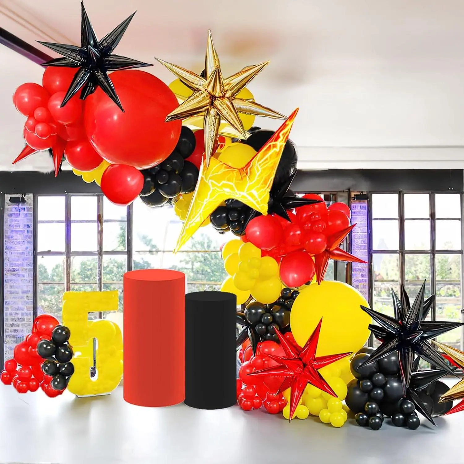 Red Black Yellow Balloon Garland Kit 148Pcs With Flash Lightining Starburst Mylar Balloons For Cartoon Superhero Theme Race Car Party Theme Birthday Decorations
