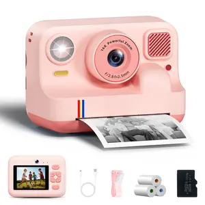 Kids Instant Print Camera 1080P HD Dual Lens Portable Digital Video Camera with Blue Red Green Printing Rechargeable Selfie Camera Film Rolls Lanyard Fun Toy for Travel Play Pink Card Lens Sd Charging