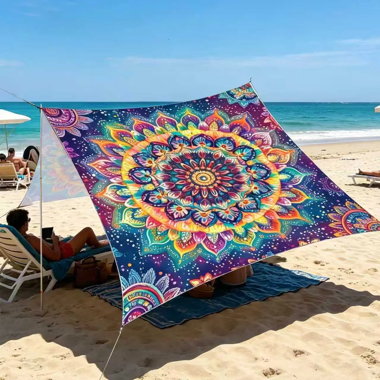 Rainbow Mandala Sun Shade Sail, Boho Beach Canopy with UV Protection - Lightweight, Waterproof & Portable for Camping & Garden, Outdoor Activities, Boho Rainbow Look