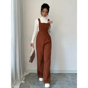 Women's Casual Corduroy Overalls Jumpsuit, Polyester Spandex Blend, Wide Leg, Button Details, Solid Color, for Fall/Winter Collection Fabric Strap