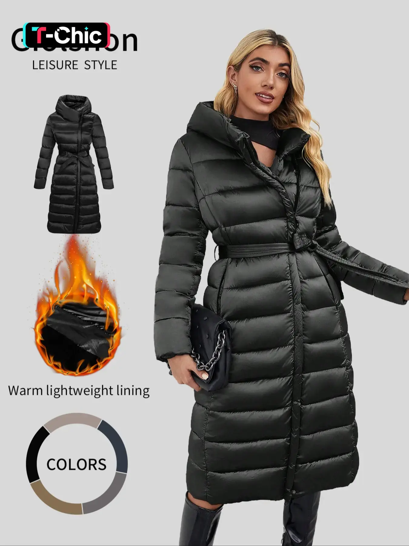 Women's Casual Fitted Hooded Puffer Jacket, Fall & Winter Thick Woven Fabric Coat, Warm Everyday Wear with Belt Included