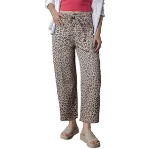 Leopard Printed Drawstring Elastic Waistband Pocketed Wide Leg Jeans