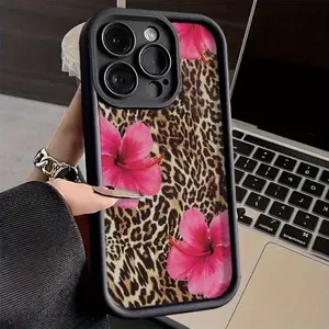 Leopard Floral Phone Case, Animal Print Flower Aesthetic Design, 2 in 1 Double Layer Shockproof Protective Cover, Soft Silicone Durable Anti Drop, Compatible with iPhone 11-17 Pro Max/Plus and Samsung Galaxy S22-25