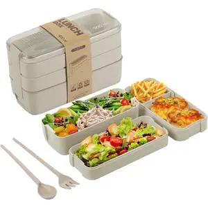 Bento Box for Adults, 3-In-1 Meal Prep Container, 900ML Japanese Lunch Box with Compartment, Wheat Straw, Leak-proof, Spoon & Fork, BPA-free (Beige)
