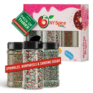 NY Spice Shop - Christmas Sprinkles, Nonpareils & Sanding Sugar - Pack of 3 - Festive Red, Green and White Holiday Decorations - Premium Sugar Crystals, Classic Nonpareil Candy Beads and Fine Sanding Sugar - Pure Sweet Sugar Delight - Trio Sprinkle Mix